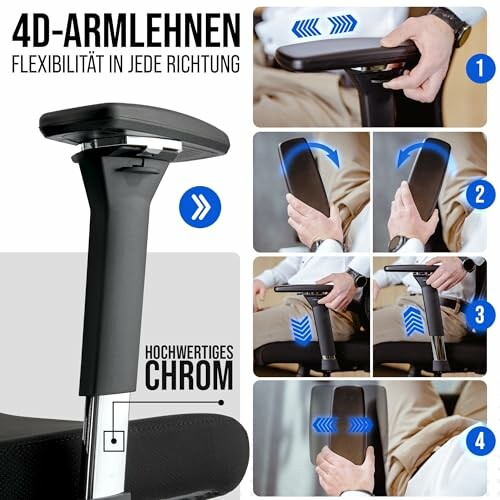 4D-Armlehnen mit Flexibilität in jede Richtung und hochwertigem Chrom.