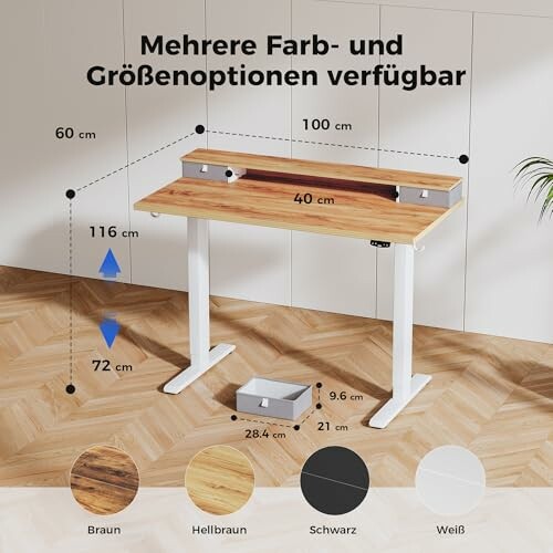 Einstellbarer Schreibtisch mit Farb- und Größenoptionen.