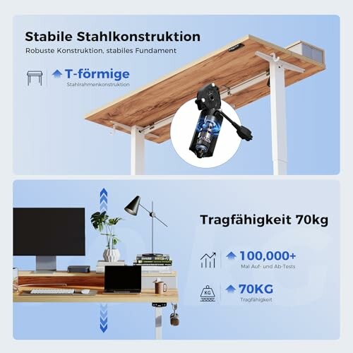 Höhenverstellbarer Schreibtisch mit stabiler Stahlkonstruktion und Tragfähigkeit von 70 kg.