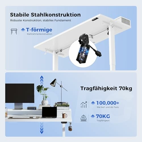Höhenverstellbarer Schreibtisch mit stabiler Stahlkonstruktion und 70 kg Tragfähigkeit
