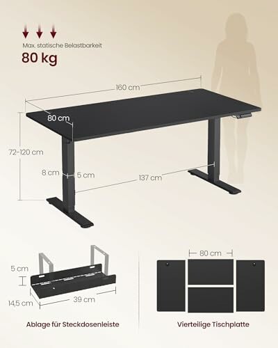 Schwarzer höhenverstellbarer Schreibtisch mit Belastungsdiagramm