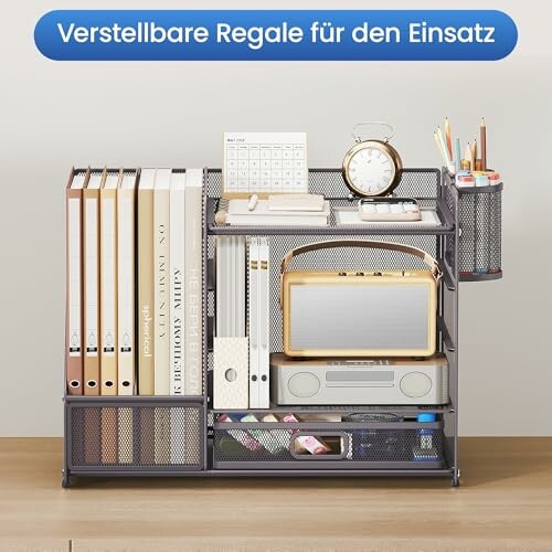 Metallregal mit Ordnern, Uhr und Schreibutensilien