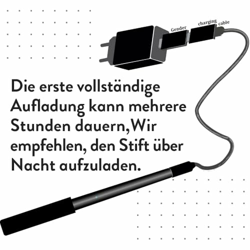 Ladeanleitung für Stift mit Kabel und Adapter.