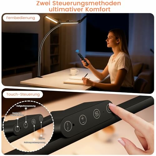 Frau bedient Tischlampe mit Fernbedienung und Touch-Steuerung.