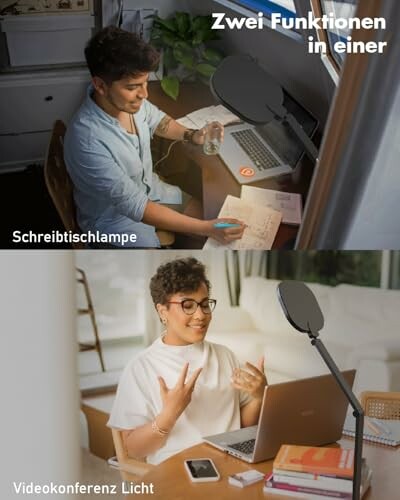 Person arbeitet an einem Laptop mit Schreibtischlampe und Videokonferenzlicht.