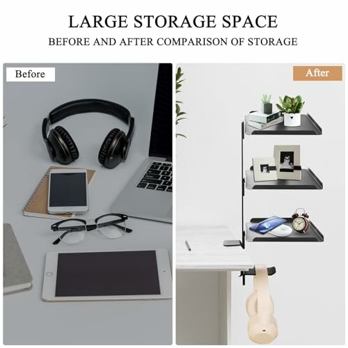 Vorher-Nachher-Vergleich der Schreibtischorganisation mit Kopfhörern, Laptop und Regalen.