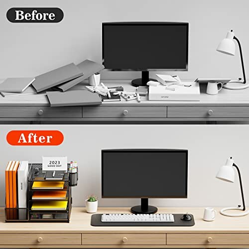 Vorher-Nachher-Bild eines organisierten Schreibtisches mit Monitor und Lampe.