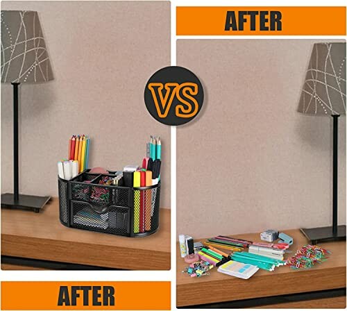 Schreibtisch-Organizer im Vergleich vorher und nachher.