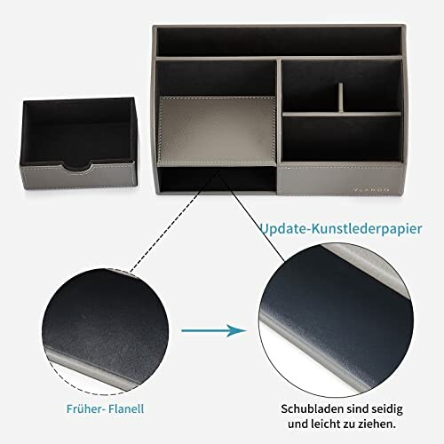 Schreibtisch-Organizer mit Kunstlederpapier und Schubladen.