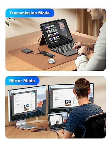 Person verbindet Tablet mit zwei Monitoren
