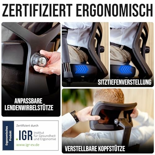 Ergonomischer Stuhl mit verstellbarer Lendenwirbelstütze, Sitztiefenanpassung und Kopfstütze.
