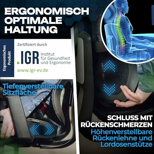 Ergonomischer Stuhl mit verstellbarer Rückenlehne und Lordosenstütze.