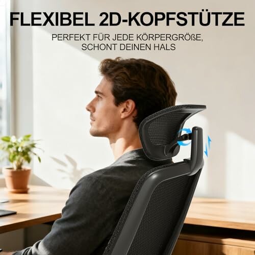 Mann sitzt in ergonomischem Stuhl mit flexibler Kopfstütze