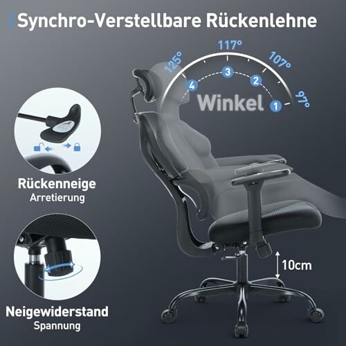 Ergonomischer Bürostuhl mit verstellbarer Rückenlehne, Neigungsarretierung und Spannungseinstellung.