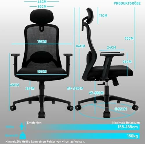 Ergonomischer Bürostuhl mit Abmessungen und maximaler Belastung.