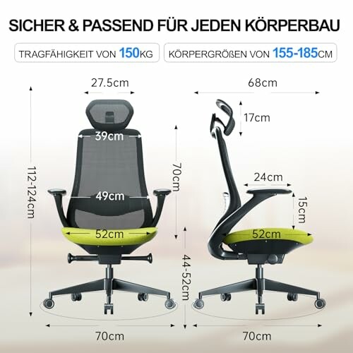 Ergonomischer Bürostuhl mit Abmessungen und Tragfähigkeit.