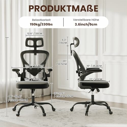 Maße eines ergonomischen Bürostuhls mit verstellbarer Höhe.