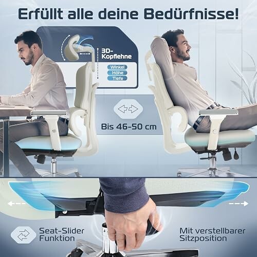 Mann sitzt auf ergonomischem Bürostuhl mit verstellbarer Sitzfunktion.
