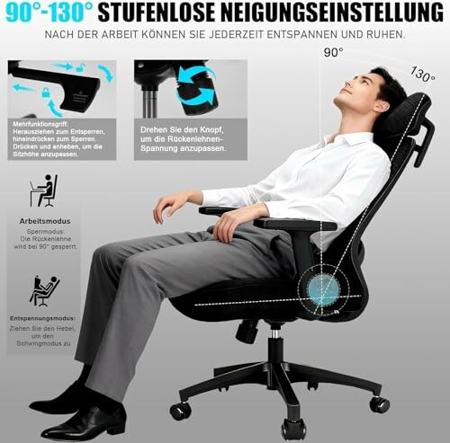 Mann sitzt in einem ergonomischen Bürostuhl mit verstellbarer Rückenlehne.