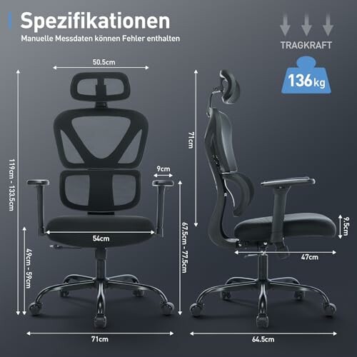 Schwarzer ergonomischer Bürostuhl mit verstellbaren Armlehnen und Kopfstütze, Maße und Tragkraft angegeben.