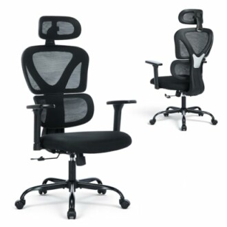 Ergonomischer Bürostuhl mit Kopfstütze und Armlehnen.