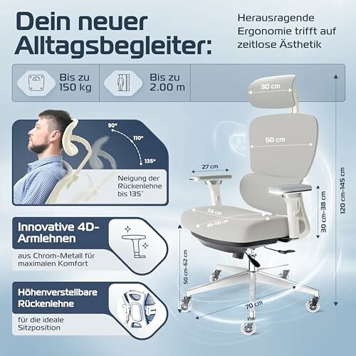 Ergonomischer Bürostuhl mit verstellbaren Armlehnen und Rückenlehne