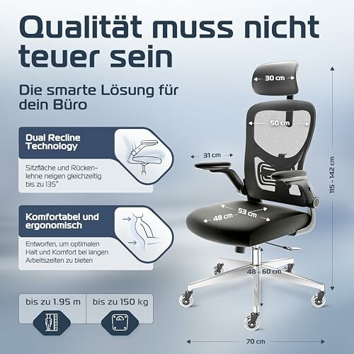 Ergonomischer Bürostuhl mit Dual Recline Technology, Maße und Funktionen beschrieben.