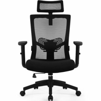 Ergonomischer Bürostuhl mit Netzrückenlehne und Kopfstütze.