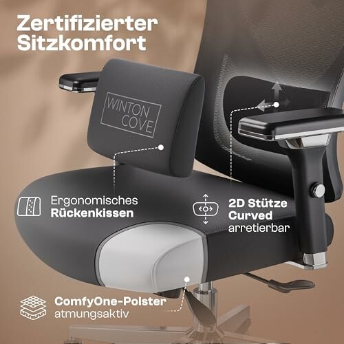 Ergonomischer Bürostuhl mit Rückenkissen und verstellbarer Armlehne.