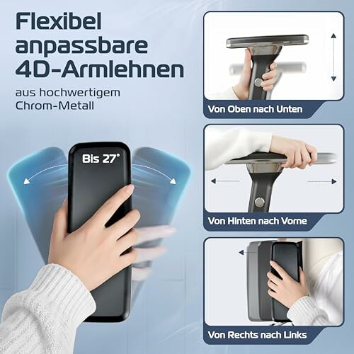 Flexibel anpassbare 4D-Armlehnen aus Chrom-Metall mit verschiedenen Einstellmöglichkeiten.