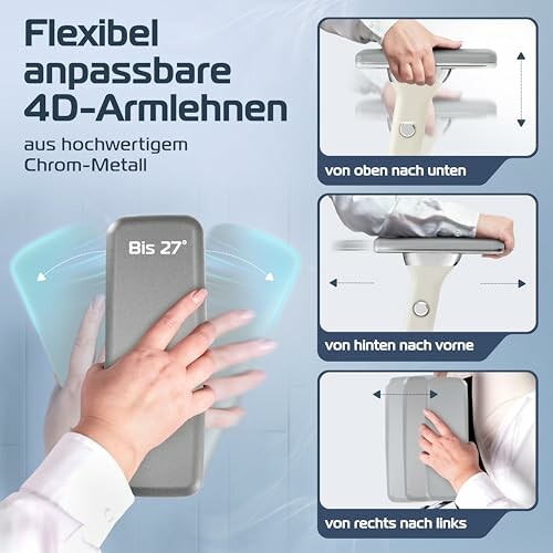 Flexible anpassbare 4D-Armlehnen mit Chrom-Metall.