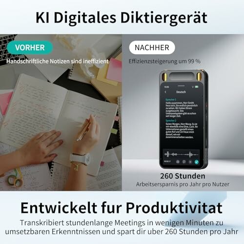 Werbung für ein digitales Diktiergerät mit Vorher-Nachher-Vergleich.
