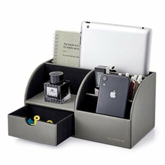 Grauer Leder-Schreibtisch-Organizer mit mehreren Fächern