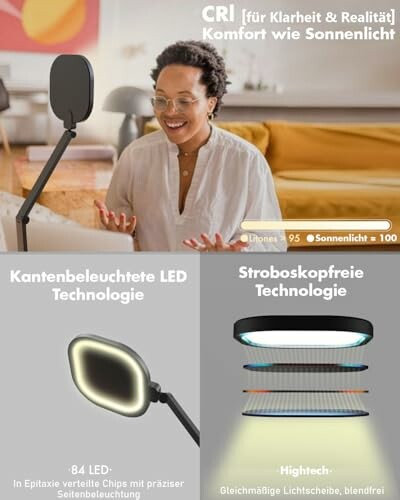 Frau mit Lampe, LED-Technologie, blendfreie Beleuchtung