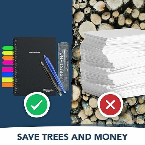 Notizbuch und Stifte neben einem Stapel Papier auf Holzstämmen