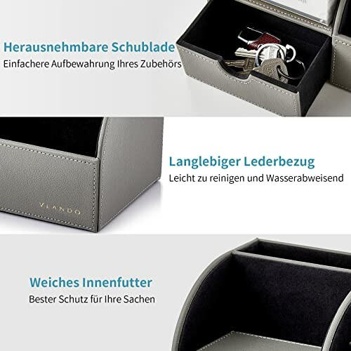 Graue Aufbewahrungsbox mit Schublade, Schlüssel und Lederbezug.