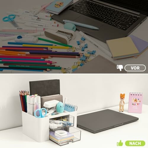 Unordentlicher und ordentlicher Schreibtisch im Vergleich