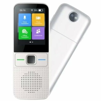 Tragbares Übersetzungsgerät mit Bildschirm und Kamera.