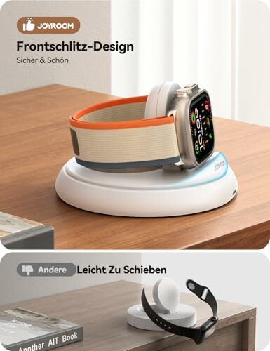 Smartwatch auf Ladestation mit Frontschlitz-Design