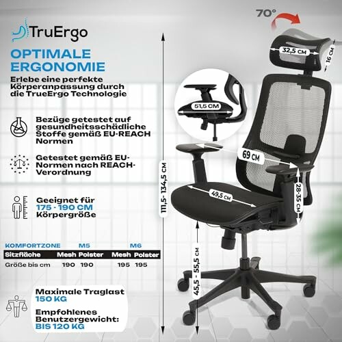 Ergonomischer Bürostuhl mit verstellbaren Funktionen und Maßen.