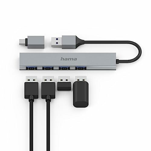 USB-C-Hub mit mehreren Anschlüssen und Kabeln.