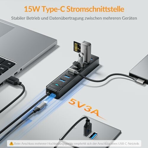 USB-C-Hub mit mehreren Anschlüssen, verbunden mit Laptop und Smartphone.