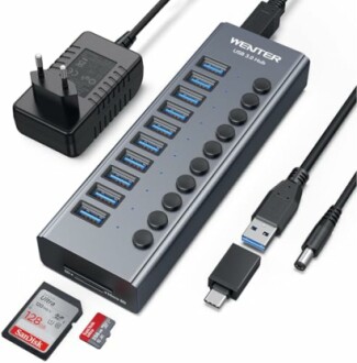 USB-Hub mit mehreren Anschlüssen und Netzteil