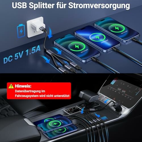 USB-Splitter lädt mehrere Geräte im Auto.