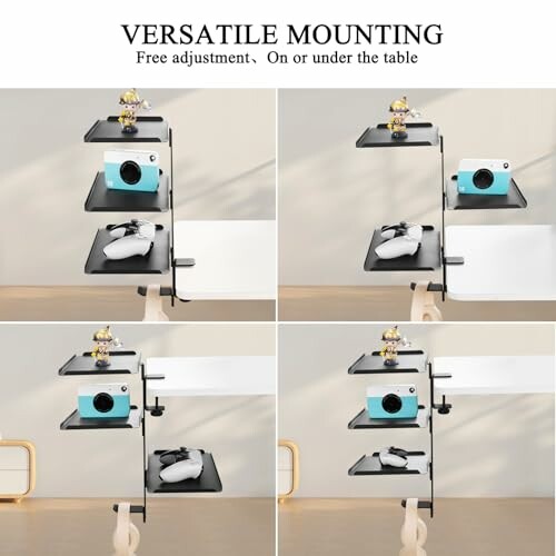 Vielseitiges Regal mit Kamera, Controller und Spielzeug.