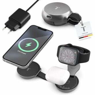 Kabelloses Ladegerät mit Smartphone, Smartwatch und Ladeadapter