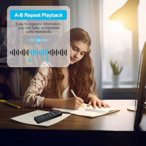 Frau studiert mit Diktiergerät auf dem Tisch.